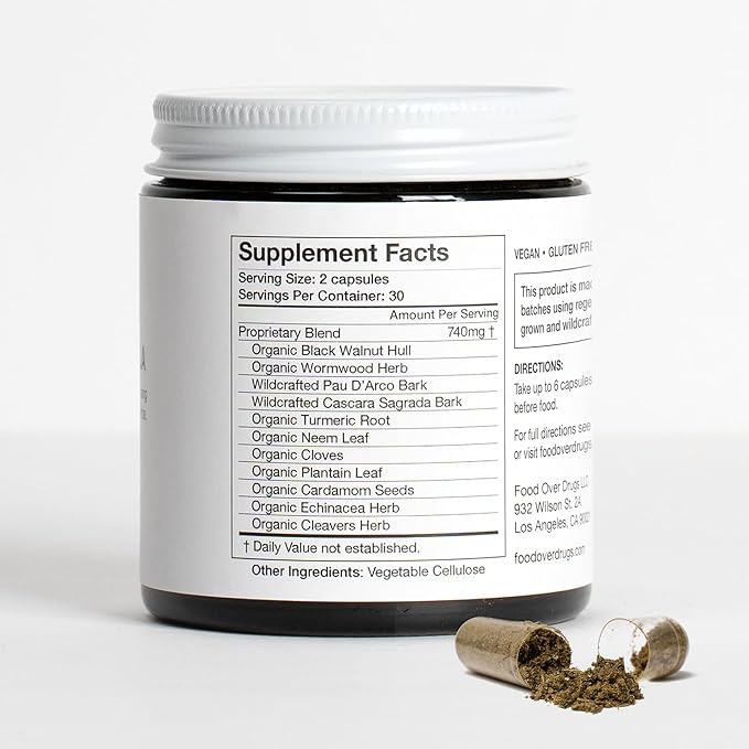 Food Over Drugs para Formula - Full Spectrum Herbal Cleanse for Humans - Natural Intestinal Microbial Detox &amp Complete Body Cleanse - 60 Count (Pack of 1)