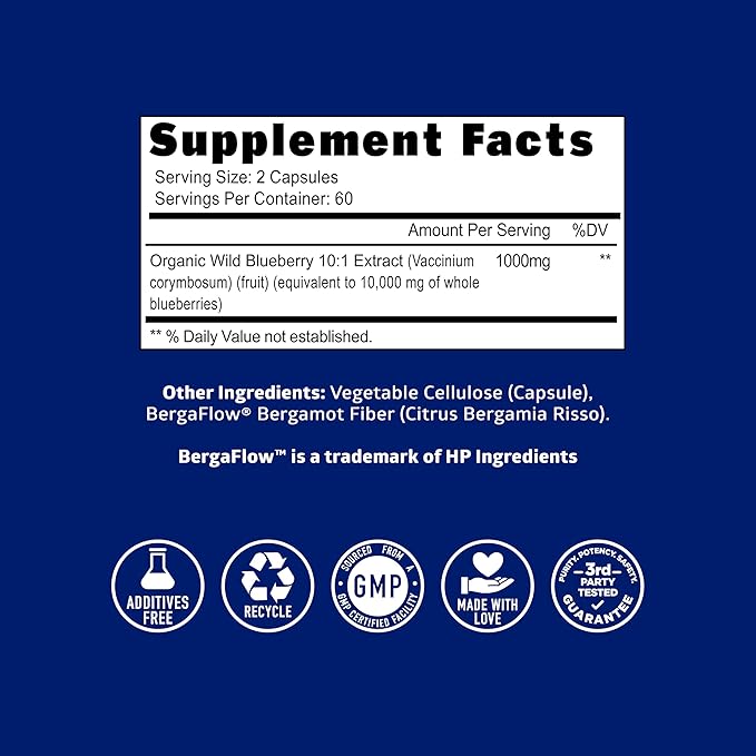 Number One Nutrition USDA Organic Wild Blueberry Extract Equivalent to 24 Whole Blueberries Supports Immune Health 120 Vegan Capsules