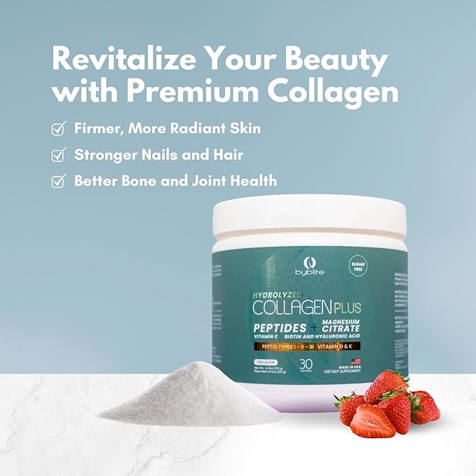 Colageno Hidrolizado para Mejorar Articulaciones + Citrato de Magnesio para tu Salud Digestiva + Peptidos IIIIII + Acido Hialuronico + Biotin + Vitamina C D y K y Fortalece Tus Uñas y Cabello