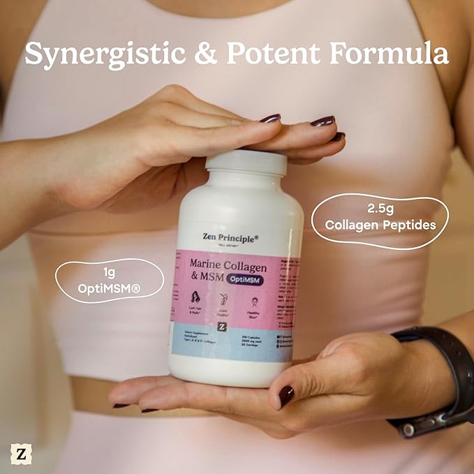 Zen Principle Hydrolyzed Marine Collagen Peptides Powder with OptiMSM® Supplement. Clinically Tested for Skin Support. Wild-Caught Fish Non-GMO. Container 16 oz
