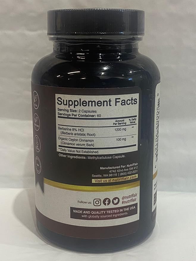 NutriFlair Premium Berberine HCL 1200mg 120 Capsules - Plus Pure True Ceylon Cinnamon Berberine HCI Root Supplements Pills - Immune System - Made in USA