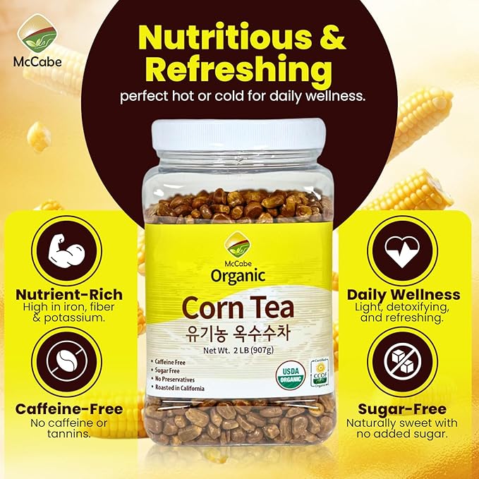 McCabe Organic Corn Tea - Roasted Corn Tea | USDA and CCOF Certified | Non-GMO Whole White Corn | Roasted and Packed in USA | 2 lbs (32 Oz)