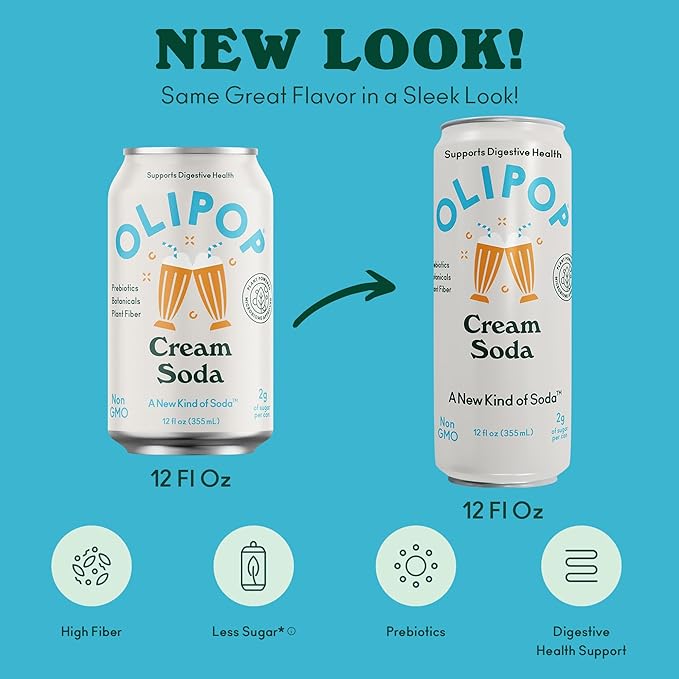 OLIPOP Prebiotic Soda Pop Cream Soda Pantry Pack Packed with Prebiotics Fiber and Botanicals Gluten Free GMO Free 12oz Skinny (12-Cans)