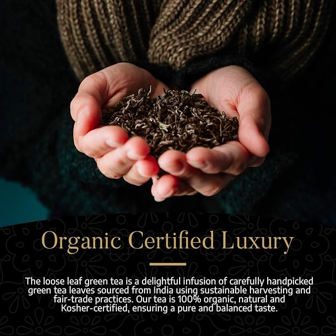 Komar Organics Loose Leaf Green Tea – 16Oz USDA Organic for Energy Boost Antioxidants – Certified Kosher Delicate Flavor Assam Tea Organic Tea Leaves Ideal for Morning Afternoon