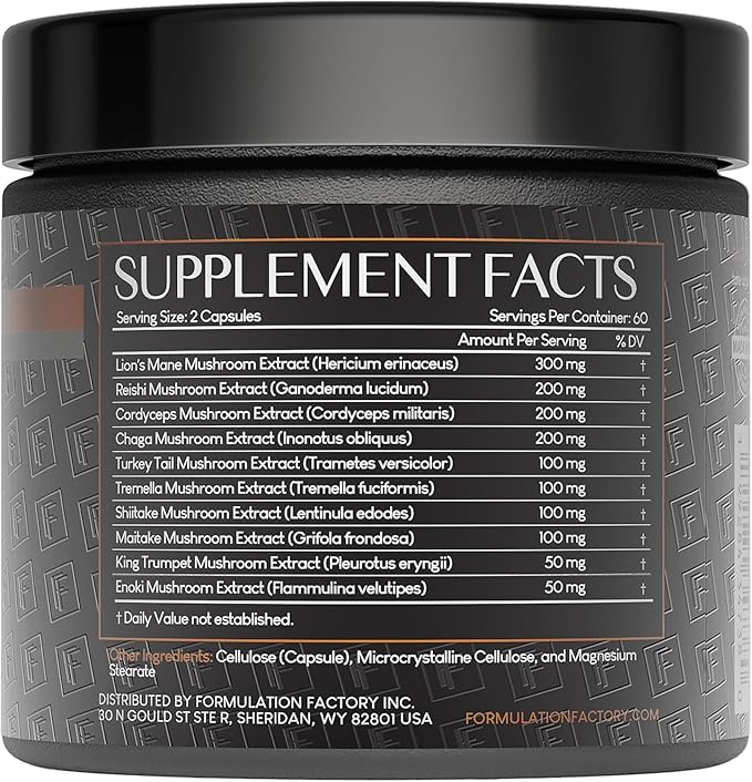 Formulation Factory Shroom Vroom: 10-in-1 Mushroom Supplement Lion’s Mane Reishi Cordyceps Chaga Turkey Tail Tremella Shiitake Maitake King Trumpet &amp Enoki 240 Count (Pack of 2)