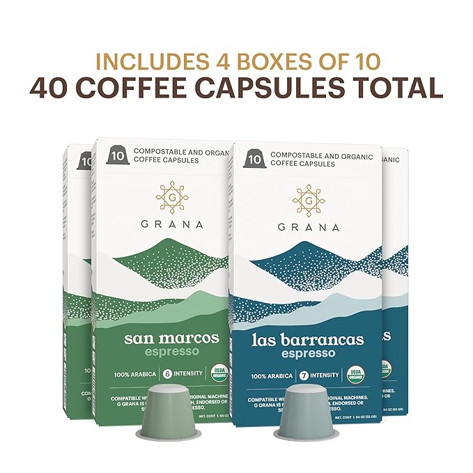 G GRANA Coffee Pods Compatible with Nespresso OriginalLine 40 Count Medium and Dark Roast USDA Organic 100% Arabica Single Source Specialty Coffee Compostable Single Serve Capsules