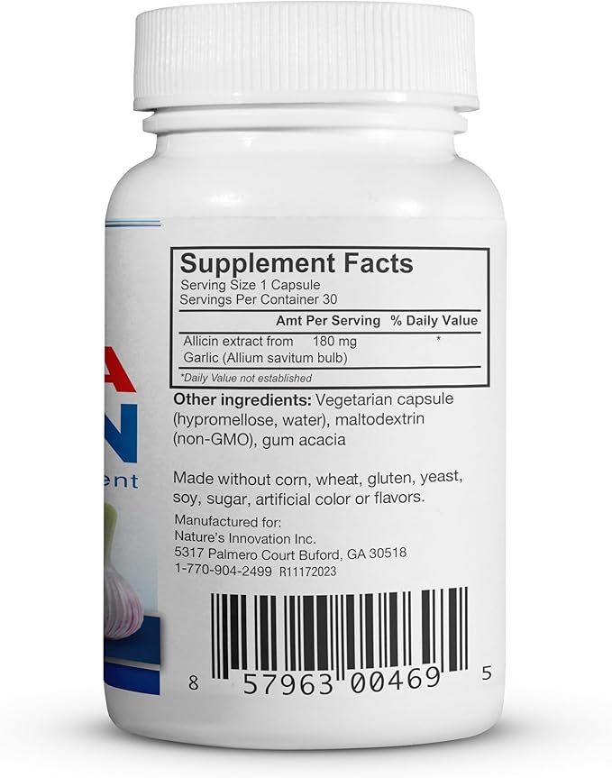 Allicin Supplement 100% Stabilized from Garlic Odor-Controlled Extract 180000mcg (180mg) Non-GMO Gluten-Free Vegan Supplement for Heart Health and Immune Support (30 Count)