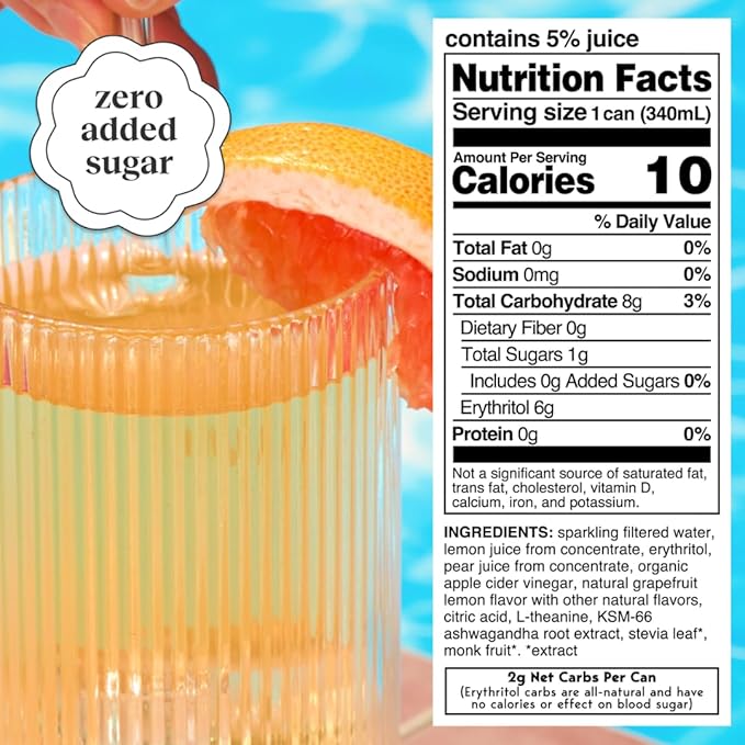 Moment Botanical Soda Soft Drink (Shark Tank) - SPARKLING Non Alcoholic Drinks | Grapefruit Lemonade | L-Theanine &amp Ashwagandha for Calm &amp Clarity | 0 Added Sugar 0 Caffeine | 12-pack
