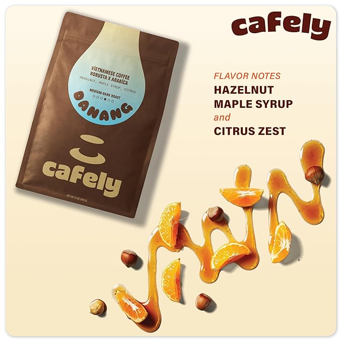 Cafely DaNang - Robusta x Arabica Ground Vietnamese Coffee – Dark Roast Low Acid Fresh Roasted Single Origin Direct Trade High Antioxidants Rich Notes with Hazelnut Maple Syrup Citrus Zest 12
