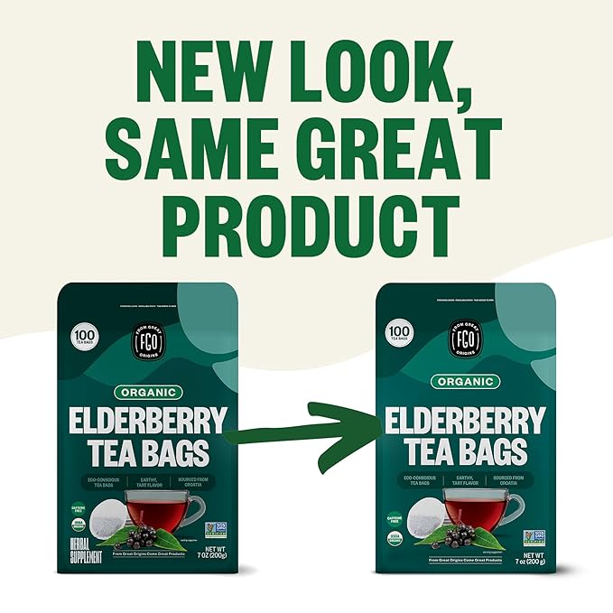 FGO Organic Elderberry Tea 100 Count Eco-Conscious Herbal Tea Bags Resealabel Bag Caffeine Free Packaging May Vary (Pack of 1)