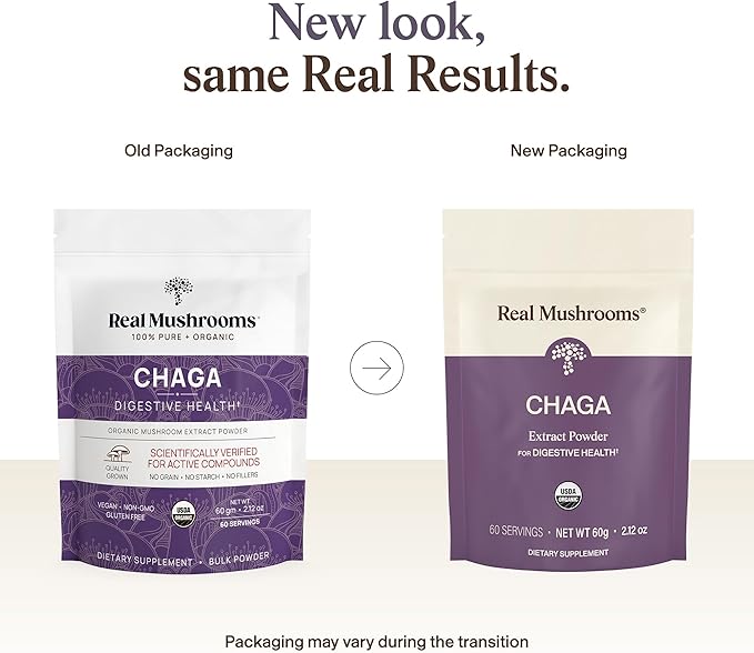 Real Mushrooms Chaga Mushroom Powder – Organic Chaga Extract from Fruiting Body – for Daily Wellness &amp Energy Support – Vegan Non-GMO 60 Servings Mushroom Supplement