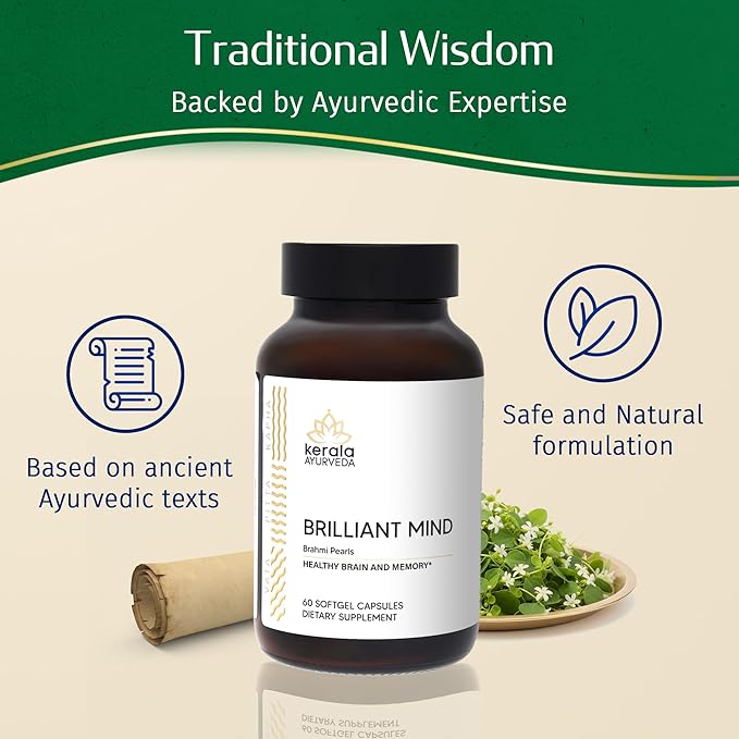Kerala Ayurveda Brahmi (Bacopa Monnieri) Pearls - 60 Capsules | Ayurvedic Brain Health Memory &amp Focus Herbal Supplement for Adults | Natural Focus &amp Stress Relief Brain Booster | Prop 65 Comp