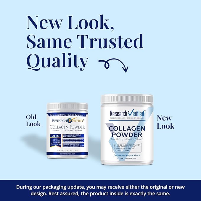 Research Verified® Collagen Powder - Hydrolyzed Marine Collagen Peptides - Unflavored - Skin Hydration and Elasticity Muscle Recovery Non GMO - 30 Scoops Per Container - 6 Month Supply