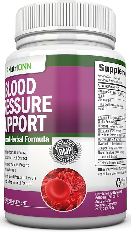 Blood Pressure Support Supplement - 13 Herbs &amp Vitamins - with Hawthorn Hibiscus Garlic &amp Olive Leaf Extract - Natural Supplement for Women &amp Men - High Strength Capsules - Non-GMO - 90