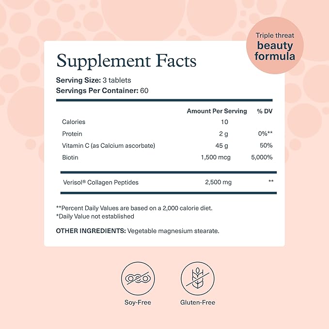 Youtheory Concentrated Effect Collagen with Verisol - Collagen Peptides with Vitamins C &amp B - Supports Hair Nails Bones &amp Joints* - 180 Tablets (60-Day Supply)
