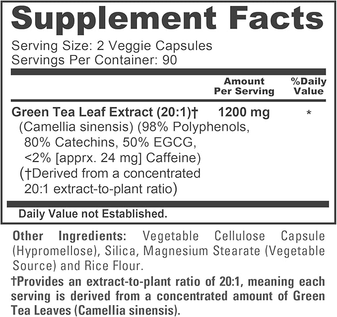 NusaPure Green Tea Capsules 1200 mg 180 Veggie Capsules (Non-GMO Vegan)
