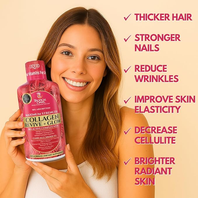 Tropical Oasis Liquid Collagen Glow for Women &amp Men | 5000mg VERISOL Collagen Peptides + 12500mcg Biotin | Clinically Tested for Thicker Hair Brighter Skin Wrinkles &amp Stronger Nails | 32 Ser