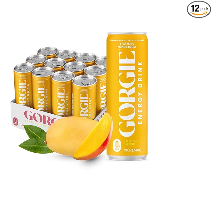 GORGIE Sugar Free Natural Energy Drinks Sparkling Mango Tango (12 Pack) - Healthy Energy Drinks - Natural Coffee Replacement with Green Tea Caffeine and Biotin - 150mg Caffeine Vegan &amp Low Calo