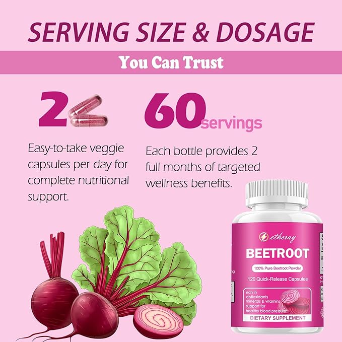 Beet Root Capsules 120 Count Pure Beetroot Beets Powder Capsules 60 Days Supply | Natural &amp Vegan Supplement | 1300mg per Serving
