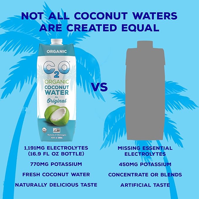 C2O - Organic Coconut Water The Original Flavor (12 Pack) - Made with Fresh Coconut Water - Plant Based Non GMO - Natural Hydration Essential Electrolytes &amp Potassium - 12 Tetra Packs 16.9 FL