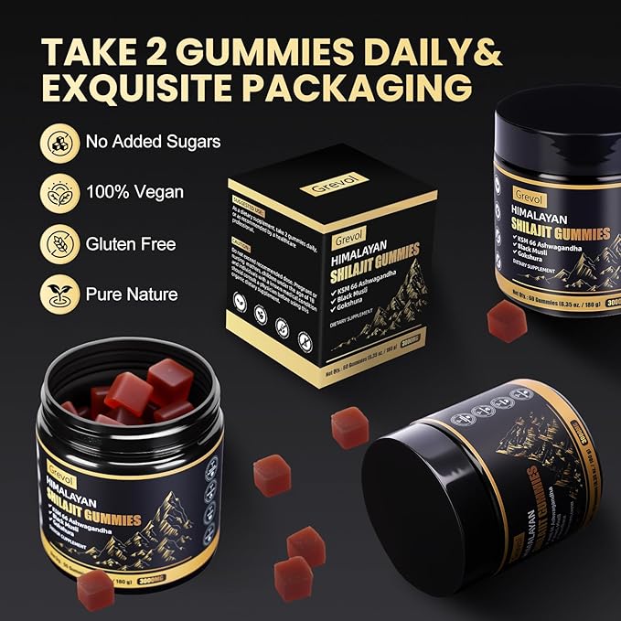 Himalayan Shilajit Gummies with Ashwagandha - Fulvic Acid &amp 85+ Trace Minerals - No Added Sugar - Shilajit for Men &amp Women - 60 Gummy
