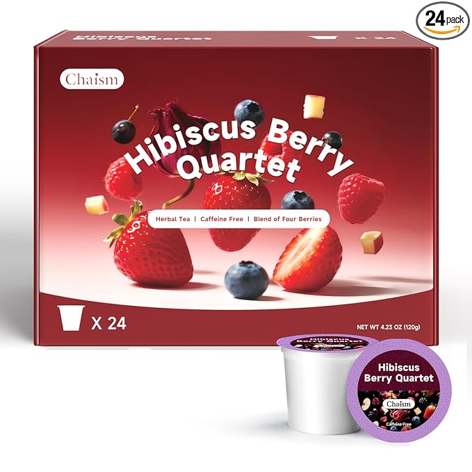 Chaism Hibiscus Berry Quartet - Herbal Tea Pods 4 Berries Blend Caffeine Free 24 K Cups
