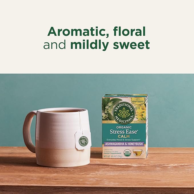 Traditional Medicinals Organic Stress Ease Calm with Adaptogens Ashwagandha &amp Honeybush - Promotes Relaxation - Kosher Non-GMO Caffeine-Free Compostable - 96 Tea Bags (6 Packs of 16)