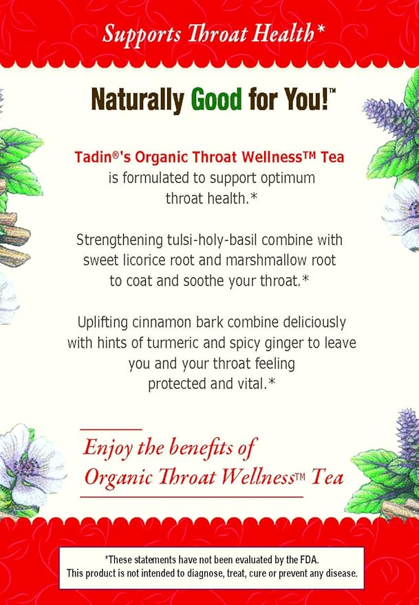 Tadin Organic Throat Wellness Tea Caffeine Free Herbal Tea for Throat Relief 20 Tea Bags Per Box Pack of 6