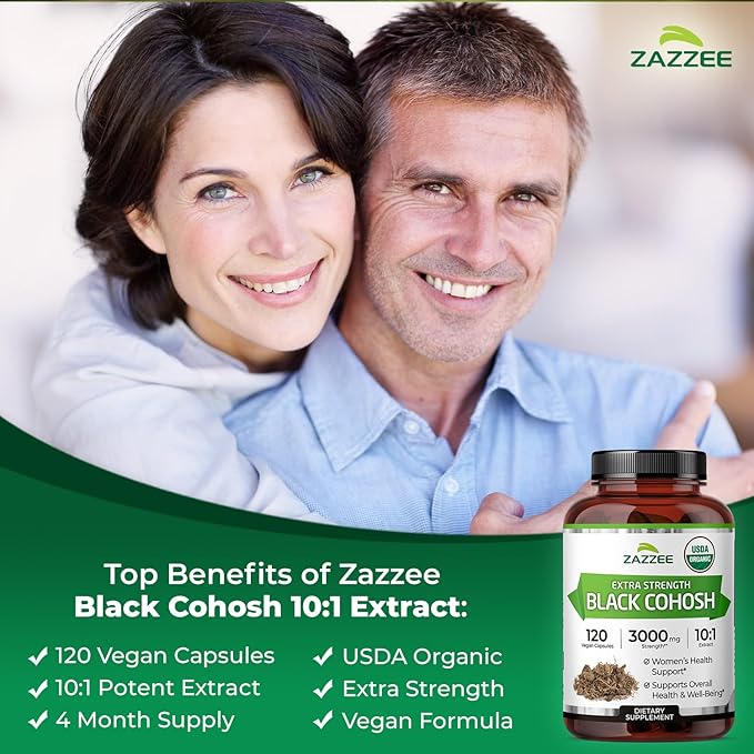 Zazzee USDA Organic Black Cohosh 10:1 Extract 120 Vegan Capsules 4 Month Supply Actaea Racemosa Women’s Health &amp Hormonal Balance Support All-Natural Non-GMO Made in the USA