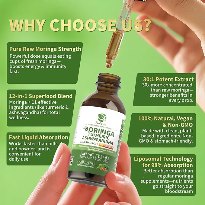 Lukaree 12-in-1 Lipsomal Moringa Leaf Drops with Ashwagandha Turmeric Quercetin 98% Absorption &amp 30:1 Pure Moringa Extract for Energy Immune Joint Digestive Support Vegan Non-GMO Gluten-Free