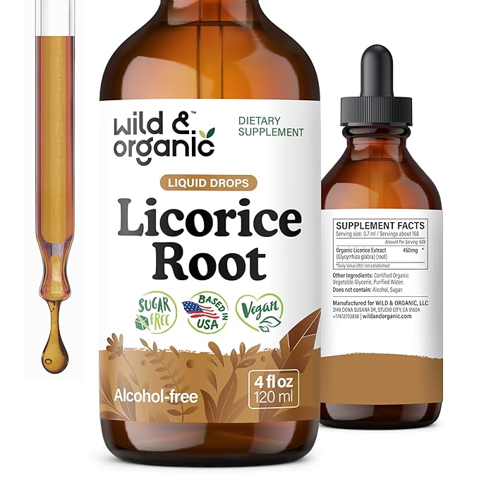 Wild &amp Organic Licorice Root Tincture - Digestive Lung &amp Skin Support - Licorice Root Extract Liquid Drops - Vegan Sugar &amp Alcohol-Free Supplement - 4 fl oz