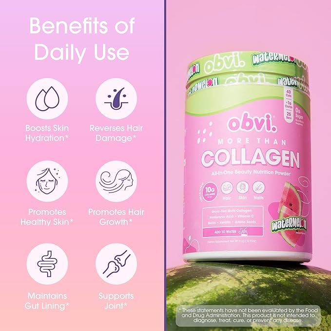 Obvi More Than Collagen Powder | Supports Healthy Hair Skin Nails Joints Gut | Grass-Fed Multi Collagen Supplement with Hyaluronic Acid Biotin Keratin | Watermelon 25 Servings
