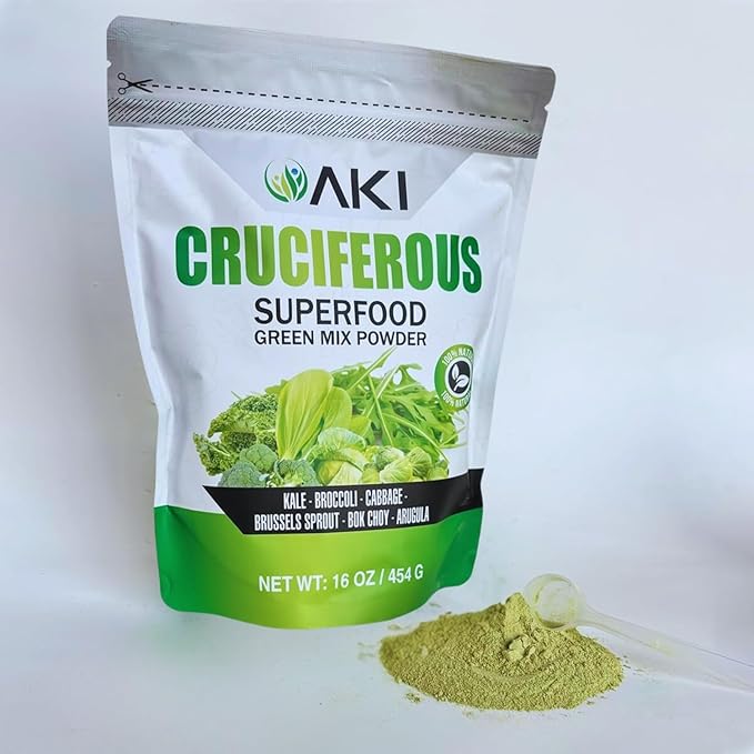 AKI Cruciferous Superfood Green Mix Powder - Made from Kale Broccoli Brussels Sprouts Cabbage - Packed with Essential Phytonutrients &amp Vitamins ((16oz/454g))