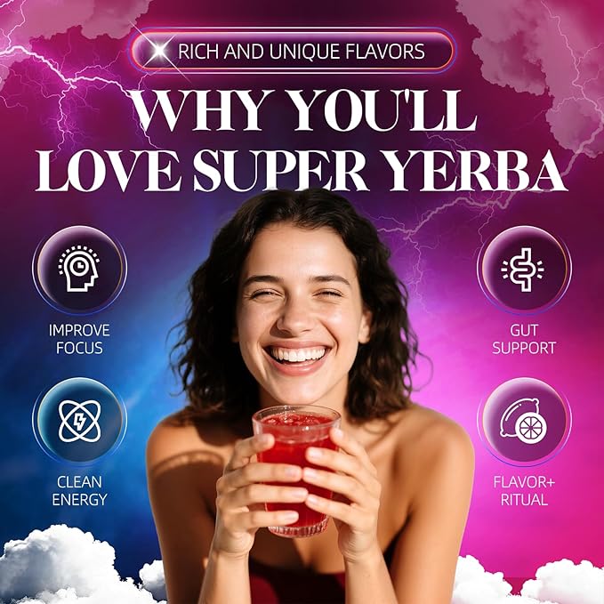 Super Yerba Packets - Yerba Mate Instant Tea Powder 3-in-1 Super Drink Mix for GutHealth Raspberry Lemonade Flavor Energy Boost &amp Focus-30 Servings(2)