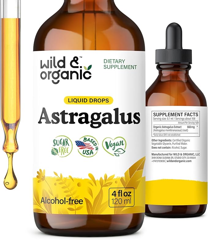 Wild &amp Organic Astragalus Root Extract Drops - Immune Support - Liquid Astragalus Supplement - Add to Tea &amp Mix with Powder - Membranaceus Herb - Vegan Sugar &amp Alcohol-Free Tincture - 4 f