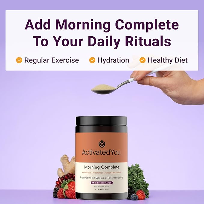 ActivatedYou Morning Complete Super Greens Powder Drink Mix - Gut Health Boost with Prebiotics Probiotics &amp Antioxidants - 10 Billion CFUs Mixed Berry Flavor Greens Superfood Powder - 30 Day Su