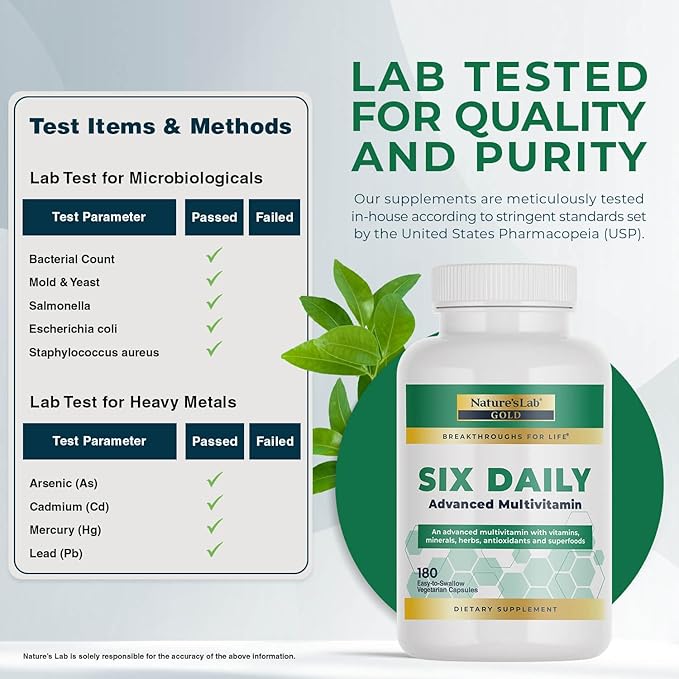 Nature's Lab Six Daily Advanced Multivitamin - Over 90 Nutrients Minerals Antioxidants Herbs &amp Whole Foods - 180 Capsules (30 Day Supply)