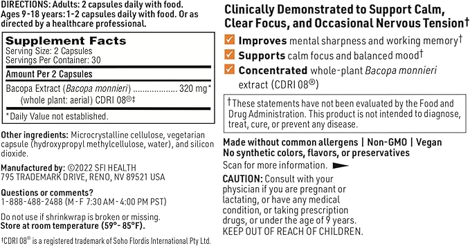Klaire Labs SFI Health Acumen - Cognitive Support Supplement with Bacopa Monnieri Extract - Memory Support - Gluten-Free &amp Hypoallergenic Bacopa Capsules for Adults &amp Kids 7+ (60 Capsules) (Pa