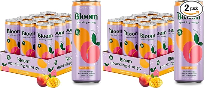 Bloom Nutrition Sparkling Energy Drink Peach Mango | Zero Sugar | 180mg Caffeine | For Focus | 24 Pack