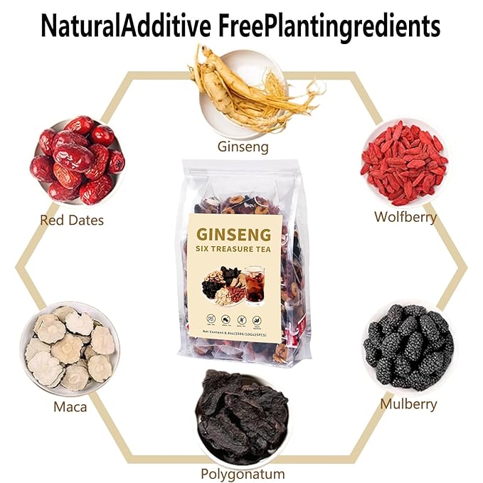 Ginseng Six Treasures Kidney Tea - Traditional Chinese Herbal Tea with Ingredients 6 Precious Herbs Formula (50 Tea Bags)