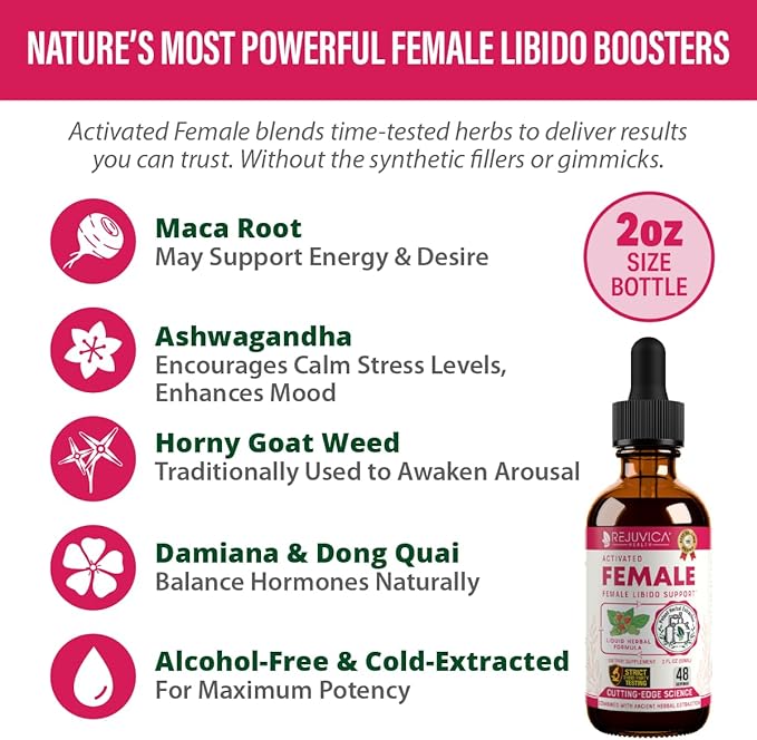 Rejuvica Activated Female Libido Booster Drops for Women | Maca Horny Goat Weed Damiana &amp Ashwagandha | Supports Desire Intimacy &amp Overall Wellness | 1+ Month Supply