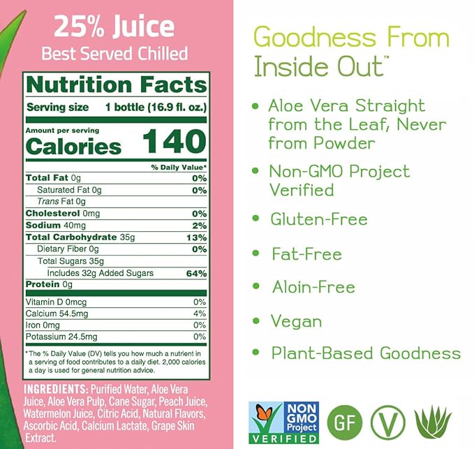 Alo Comfort Watermelon and Peach Aloe Vera Juice Drink 16.9 Fluid Ounce - 12 per case.