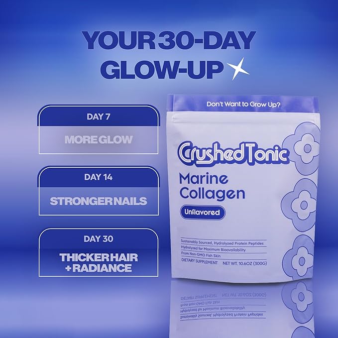 Crushed Tonic Marine Collagen Powder Korean Beauty Drink with Hydrolyzed Collagen Peptides for Skin Hair &amp Nails | Gluten-Free Halal &amp Kosher (Unflavored 30 Servings (150 g) Pouch)