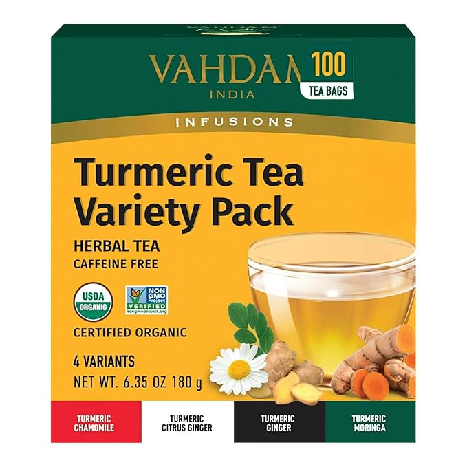 Organic Turmeric Tea Variety Pack – 100 Pyramid Herbal Tea Bags Caffeine Free USDA Organic Non-GMO 4 Flavor Assortment (Turmeric Ginger Citrus Ginger Chamomile Moringa) 6.35 oz