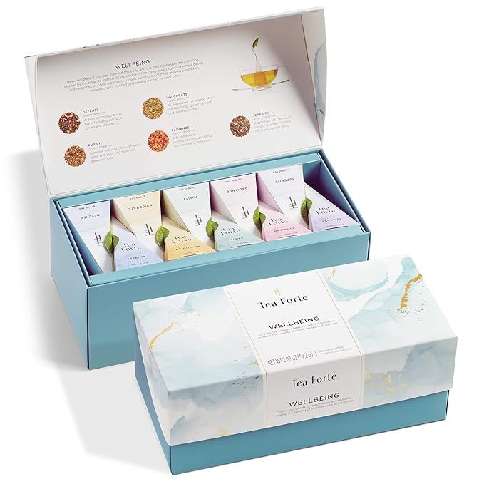 Tea Forte Premium Presentation Box Gift Set Sampler 20 Count Assorted Blends Individually Wrapped Handcrafted Pyramid Infuser Bags Wellbeing Tea