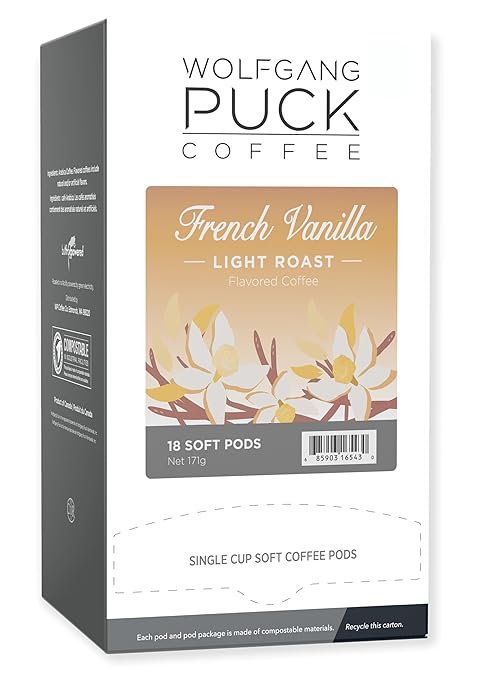 Wolfgang Puck Coffee French Vanilla Light Roast 9.5 Gram Soft Pods 18 Count (Pack of 6)