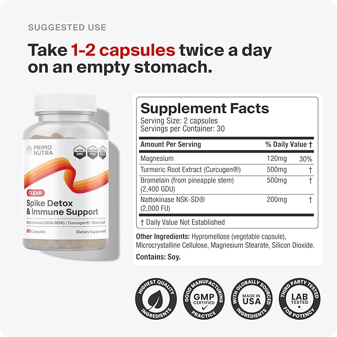 Spike Detox Supplement with Branded Nattokinase (NSK-SD) Bromelain Branded Curcumin 500mg (Curcugen) and Molecular Hydrogen - Potent Foreign Protein Cleanse