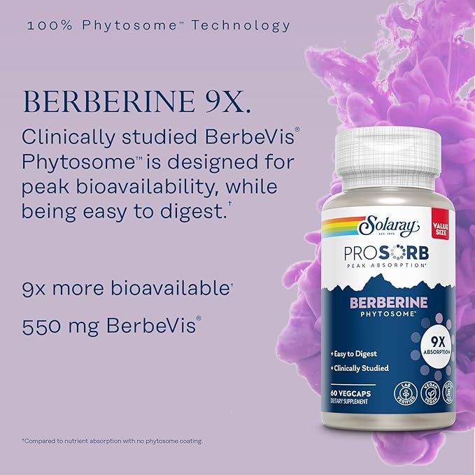 SOLARAY Berberine Phytosome - 9X Absorption and Easy-to-Digest - Standardized to 30% Berberine HCl - Vegan Made Without Soy - 60-Day Guarantee - 60 Servings 60 VegCaps