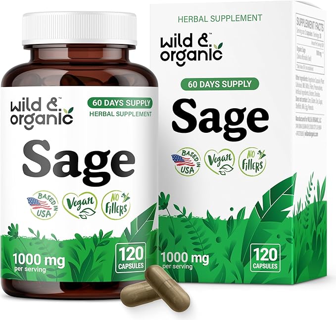Wild &amp Organic Sage Capsules 1000 mg - Brain Digestive &amp Immune Support - Sage Leaves Extract Supplement - 60 Days of Supply - 120 Herb Capsules - Vegan Non-GMO Gluten-Free No Fillers