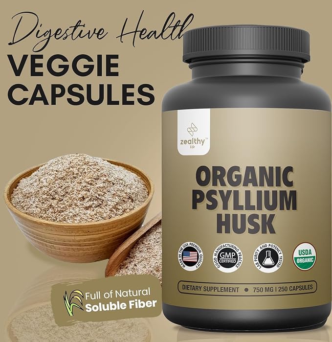 Organic Psyllium Husk Capsules 750 mg Natural Fiber Supplement for Gut Health* - Alternative to Psyllium Husk Powder Zealthy Life 250 Capsules